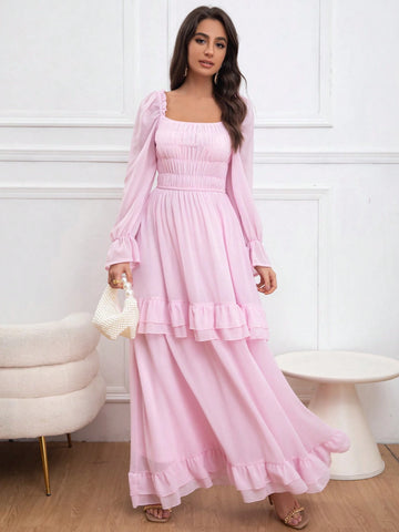 Eilly Bazar Spring Shirred Puffy Long Sleeve Shirred Cinched Waist Long Dress, Princess Style For Valentine's Day, Elegant Occasion Dress For Women