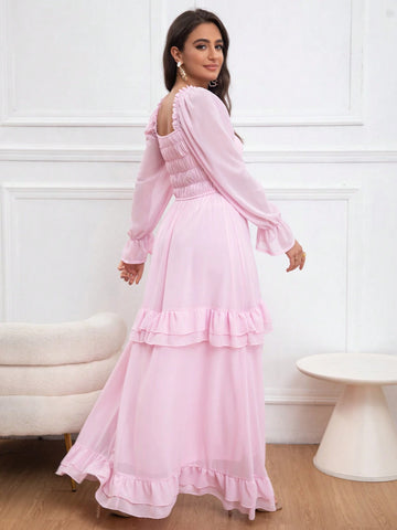 Eilly Bazar Spring Shirred Puffy Long Sleeve Shirred Cinched Waist Long Dress, Princess Style For Valentine's Day, Elegant Occasion Dress For Women