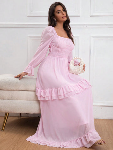 Eilly Bazar Spring Shirred Puffy Long Sleeve Shirred Cinched Waist Long Dress, Princess Style For Valentine's Day, Elegant Occasion Dress For Women