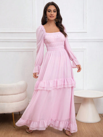 Eilly Bazar Spring Shirred Puffy Long Sleeve Shirred Cinched Waist Long Dress, Princess Style For Valentine's Day, Elegant Occasion Dress For Women