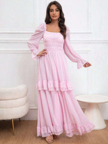 Eilly Bazar Spring Shirred Puffy Long Sleeve Shirred Cinched Waist Long Dress, Princess Style For Valentine's Day, Elegant Occasion Dress For Women