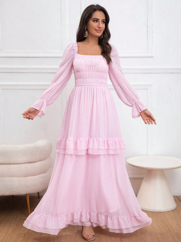 Eilly Bazar Spring Shirred Puffy Long Sleeve Shirred Cinched Waist Long Dress, Princess Style For Valentine's Day, Elegant Occasion Dress For Women