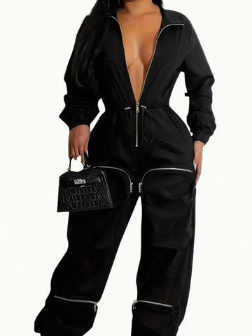 Eilly Bazar Women's Fashion Solid Color Long Sleeve Zipper Jumpsuit