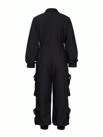 Eilly Bazar Women's Fashion Solid Color Long Sleeve Zipper Jumpsuit