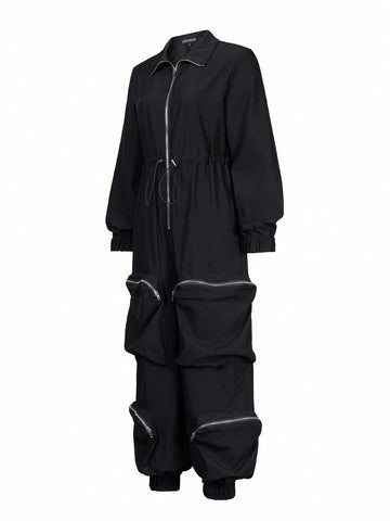 Eilly Bazar Women's Fashion Solid Color Long Sleeve Zipper Jumpsuit