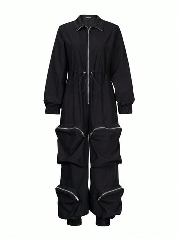 Eilly Bazar Women's Fashion Solid Color Long Sleeve Zipper Jumpsuit