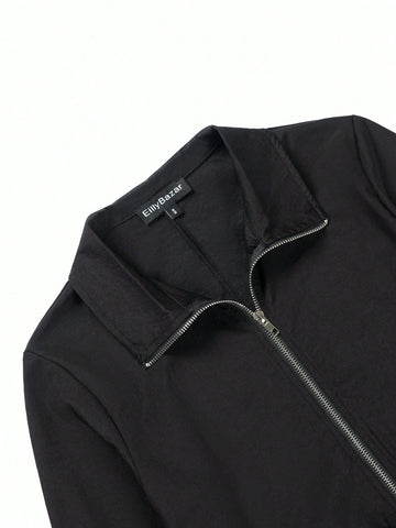 Eilly Bazar Women's Fashion Solid Color Long Sleeve Zipper Jumpsuit