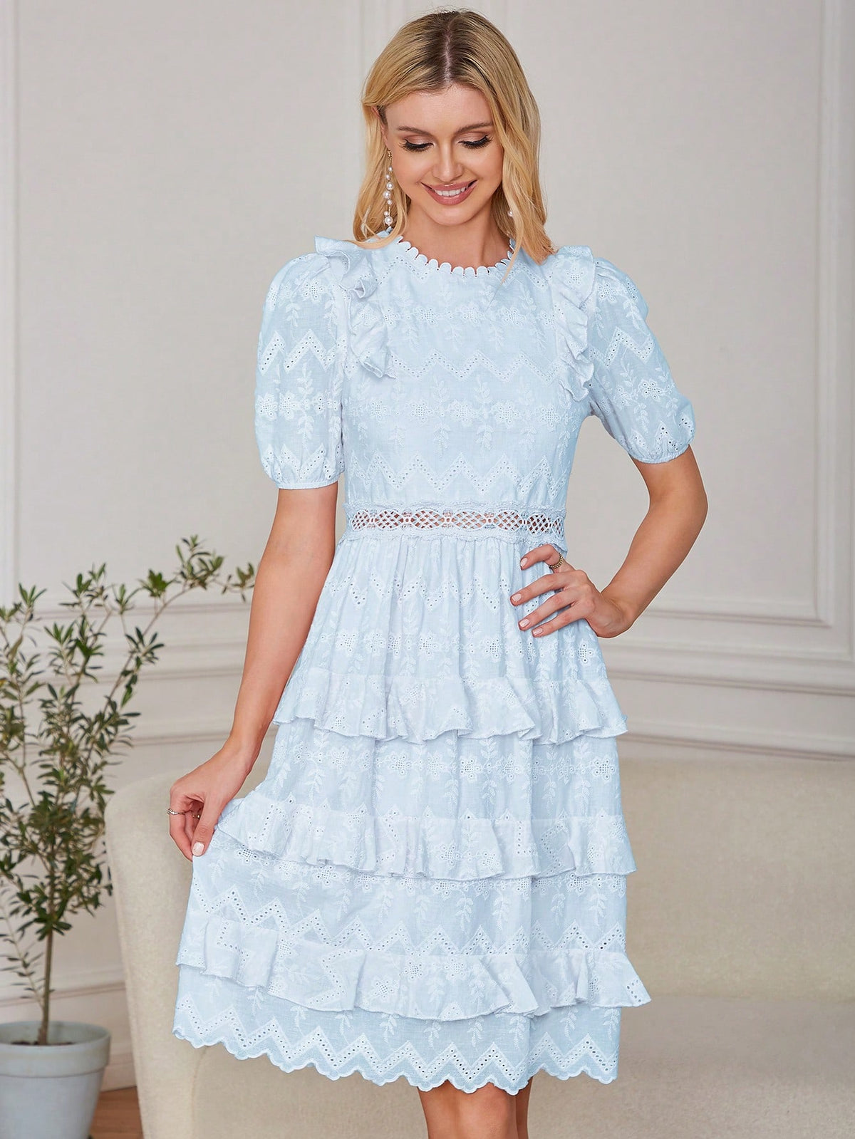 Eilly Bazar Women's Short Sleeve Mesh Embroidery Dress