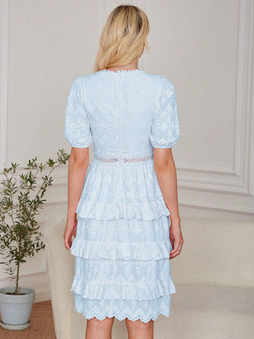 Eilly Bazar Women's Short Sleeve Mesh Embroidery Dress