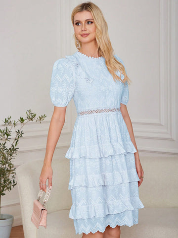 Eilly Bazar Women's Short Sleeve Mesh Embroidery Dress