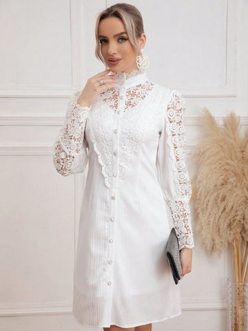 Eilly Bazar Women's Spring/Summer Lace Collar Long Sleeve Button Front A-Line Dress