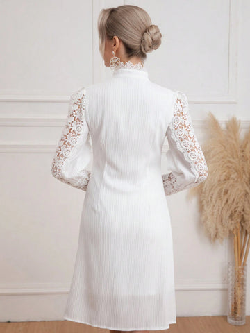 Eilly Bazar Women's Spring/Summer Lace Collar Long Sleeve Button Front A-Line Dress