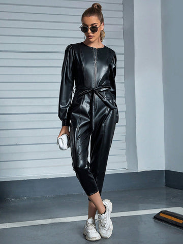 Eilly Bazar Zip Up Belted PU Leather Jumpsuit