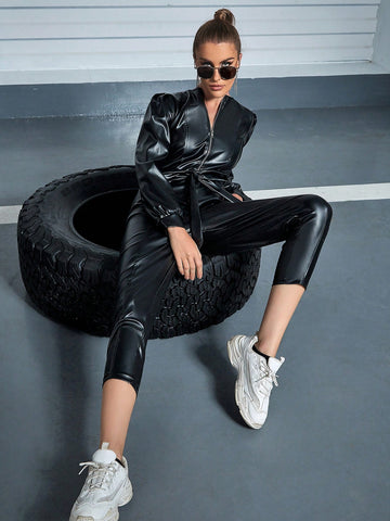 Eilly Bazar Zip Up Belted PU Leather Jumpsuit