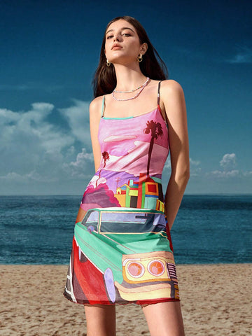 El Rincon Casual Printed Mesh Cami Bodycon Mini Dress For Women