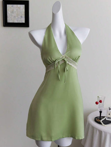 Elamini Green Lace Trim Backless Mini Halter Dress, Sexy