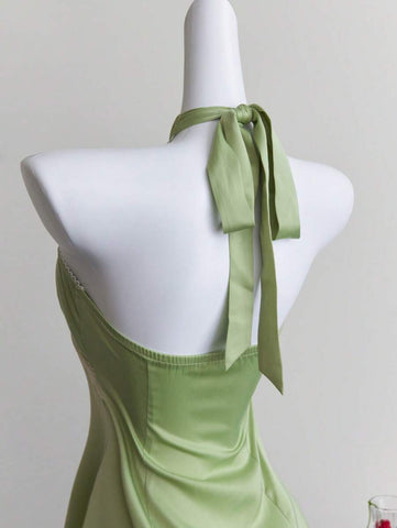 Elamini Green Lace Trim Backless Mini Halter Dress, Sexy