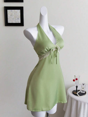 Elamini Green Lace Trim Backless Mini Halter Dress, Sexy