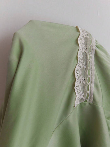 Elamini Green Lace Trim Backless Mini Halter Dress, Sexy