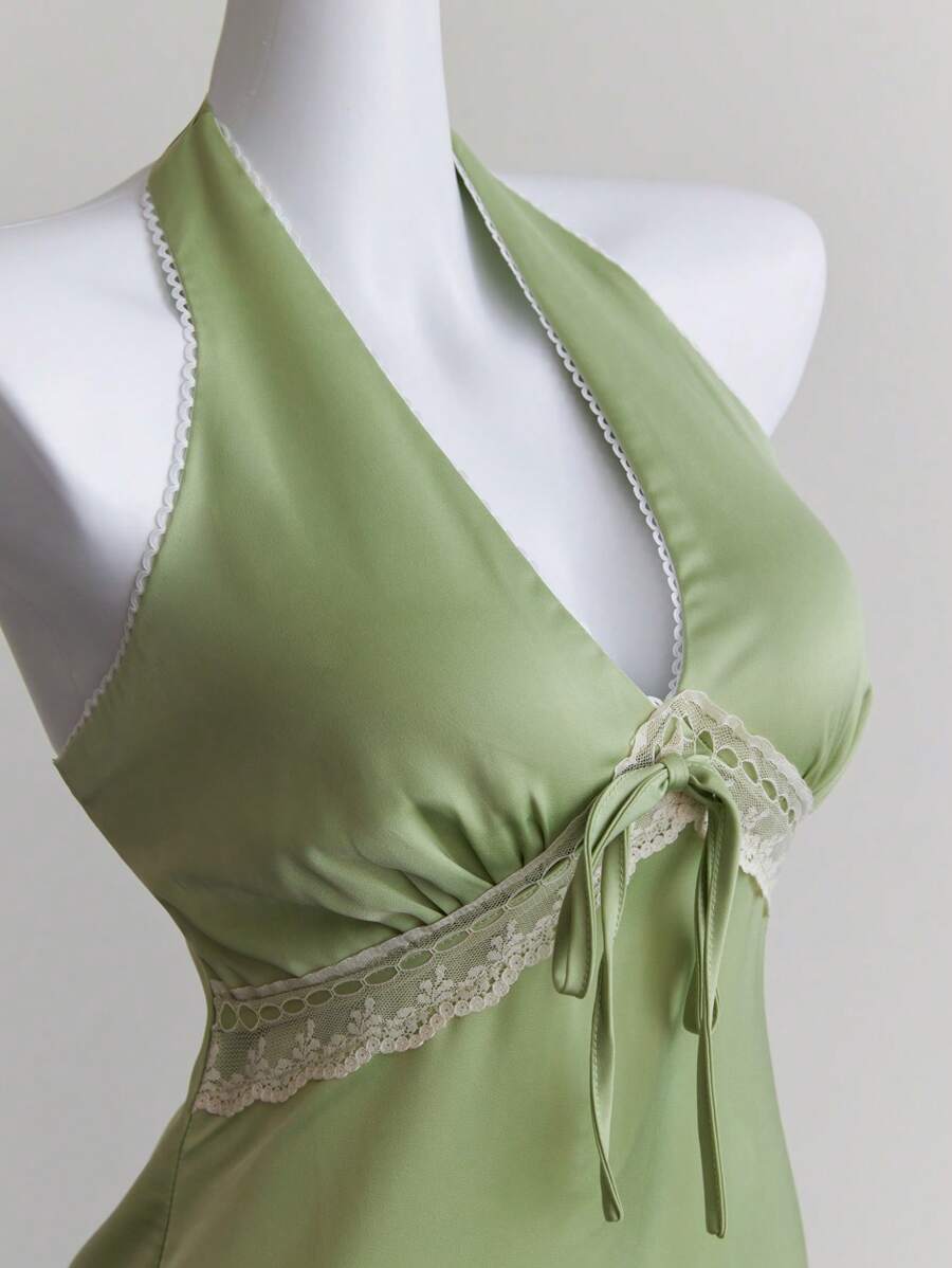 Elamini Green Lace Trim Backless Mini Halter Dress, Sexy