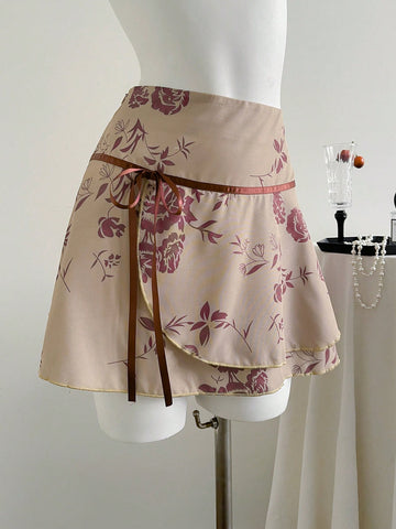 Elamini Vintage Floral Print Tie Front Low Waist Sexy A-Line Ruffled Hem Skirt