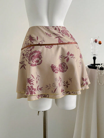 Elamini Vintage Floral Print Tie Front Low Waist Sexy A-Line Ruffled Hem Skirt