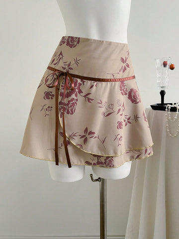 Elamini Vintage Floral Print Tie Front Low Waist Sexy A-Line Ruffled Hem Skirt