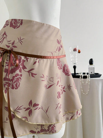 Elamini Vintage Floral Print Tie Front Low Waist Sexy A-Line Ruffled Hem Skirt