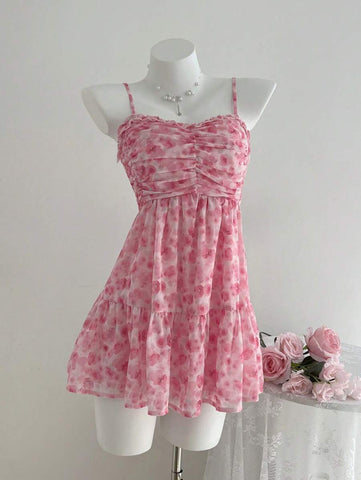 Elamini Women's Casual Summer Vacation Versatile Tie-Dye Mini Rose Floral Ruched Camisole Dress