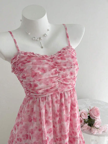 Elamini Women's Casual Summer Vacation Versatile Tie-Dye Mini Rose Floral Ruched Camisole Dress