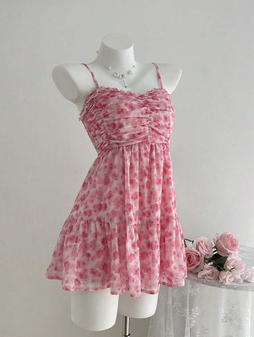 Elamini Women's Casual Summer Vacation Versatile Tie-Dye Mini Rose Floral Ruched Camisole Dress