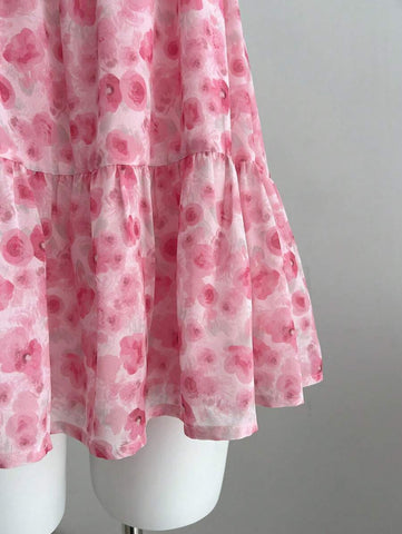 Elamini Women's Casual Summer Vacation Versatile Tie-Dye Mini Rose Floral Ruched Camisole Dress