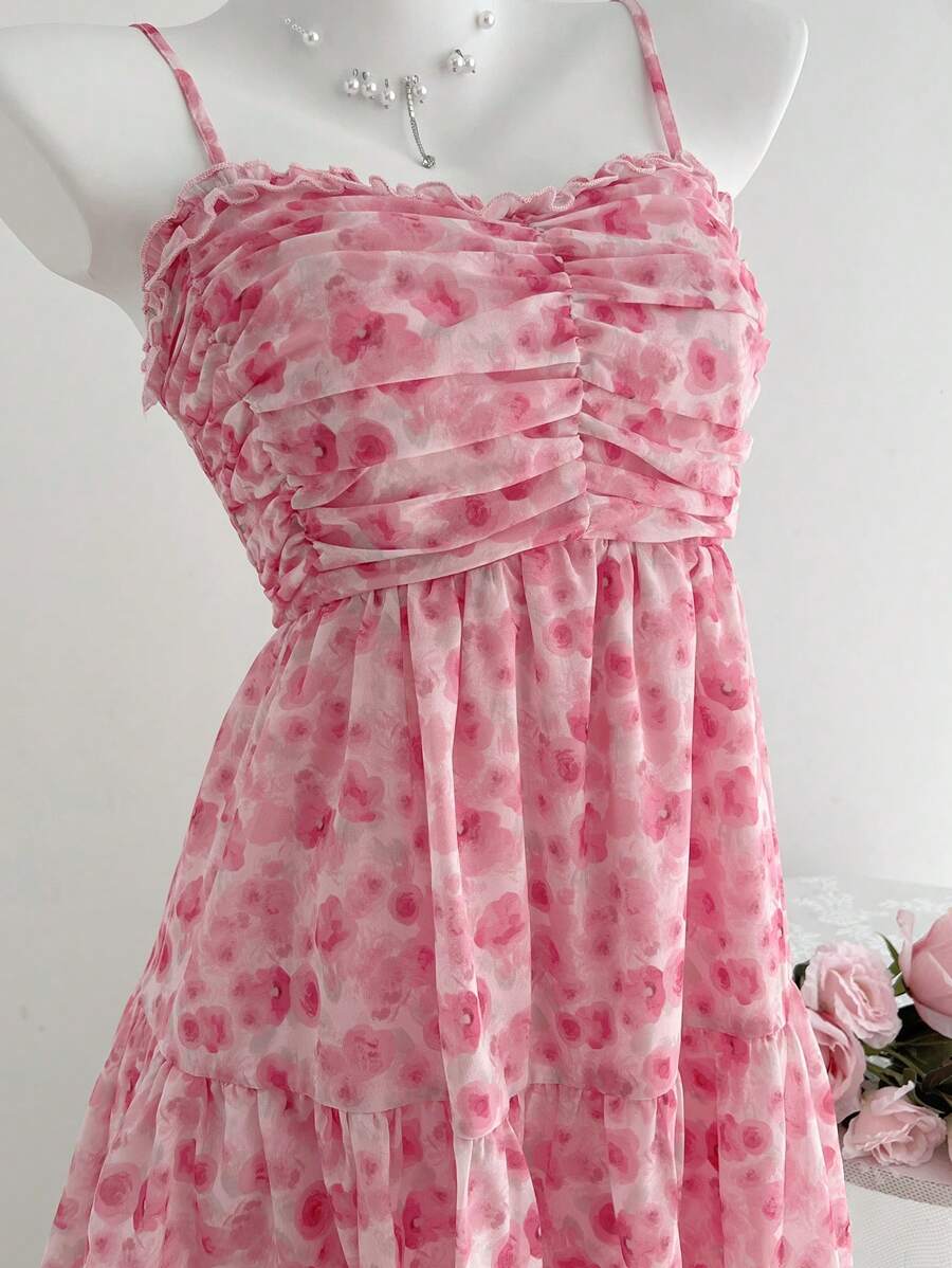 Elamini Women's Casual Summer Vacation Versatile Tie-Dye Mini Rose Floral Ruched Camisole Dress