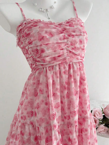 Elamini Women's Casual Summer Vacation Versatile Tie-Dye Mini Rose Floral Ruched Camisole Dress