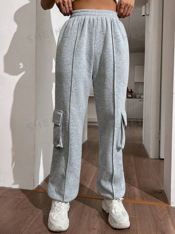 Elastic Waist Seam Detail Flap Pocket Side Sweatpants
