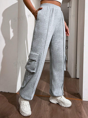 Elastic Waist Seam Detail Flap Pocket Side Sweatpants