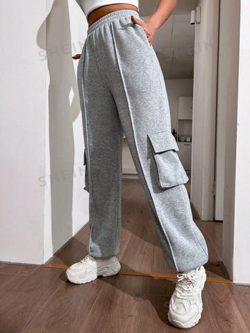 Elastic Waist Seam Detail Flap Pocket Side Sweatpants