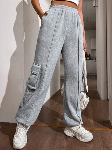 Elastic Waist Seam Detail Flap Pocket Side Sweatpants