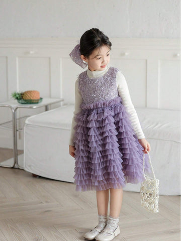 Elegance Plaid Tweed Sleeveless Vest Dress Three-Dimensional Multi-Layer Cake Gauze Dress Girl Birthday Autumn Winter