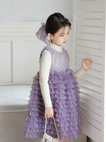 Elegance Plaid Tweed Sleeveless Vest Dress Three-Dimensional Multi-Layer Cake Gauze Dress Girl Birthday Autumn Winter