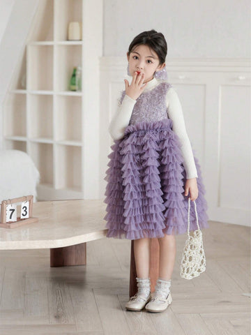 Elegance Plaid Tweed Sleeveless Vest Dress Three-Dimensional Multi-Layer Cake Gauze Dress Girl Birthday Autumn Winter