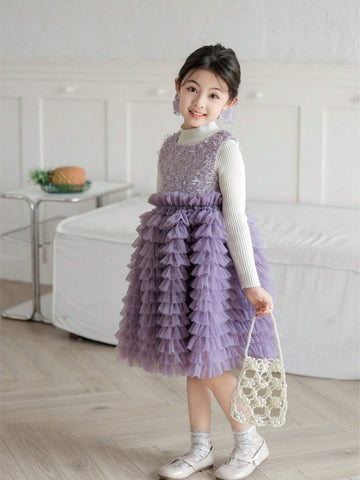 Elegance Plaid Tweed Sleeveless Vest Dress Three-Dimensional Multi-Layer Cake Gauze Dress Girl Birthday Autumn Winter