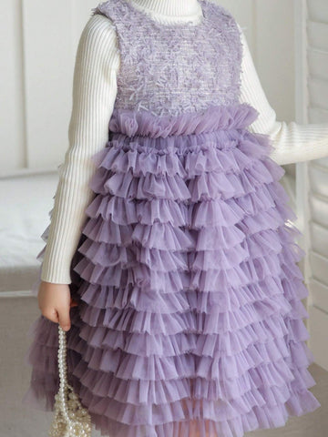 Elegance Plaid Tweed Sleeveless Vest Dress Three-Dimensional Multi-Layer Cake Gauze Dress Girl Birthday Autumn Winter
