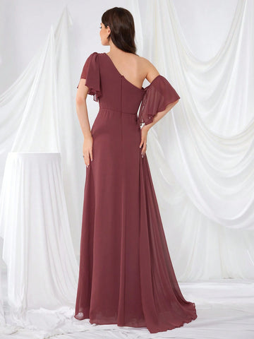 Elegant And Chic Oblique Shoulder Beaded Waist Pleated Dress With Flowing Hemline