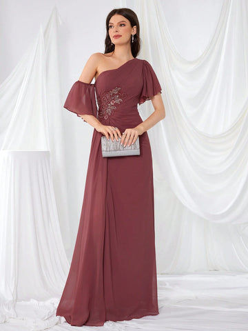 Elegant And Chic Oblique Shoulder Beaded Waist Pleated Dress With Flowing Hemline