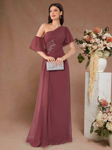 Elegant And Chic Oblique Shoulder Beaded Waist Pleated Dress With Flowing Hemline