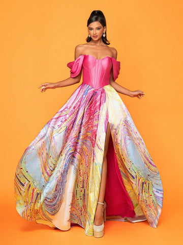 Ladies' Off Shoulder Geometric Print Long Elegant Evening Dress With Fabric