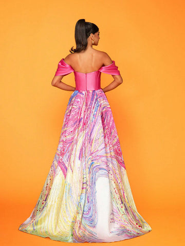 Ladies' Off Shoulder Geometric Print Long Elegant Evening Dress With Fabric