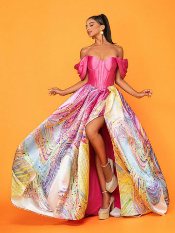 Ladies' Off Shoulder Geometric Print Long Elegant Evening Dress With Fabric