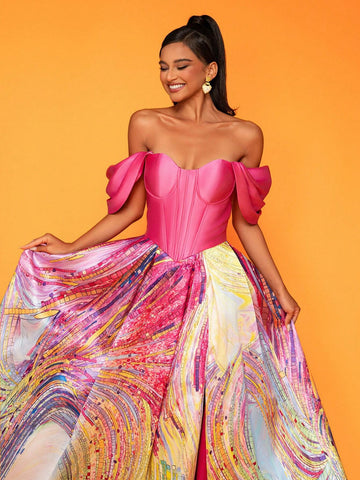 Ladies' Off Shoulder Geometric Print Long Elegant Evening Dress With Fabric